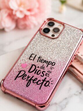 Pink Glitter iPhone 13 Case – Rose Gold Bumper – Spanish Inspirational Quote